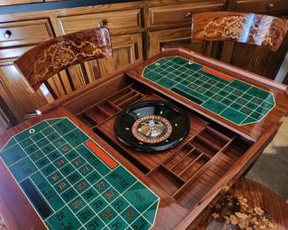 A. Cuomo & Co. Sorrento Wood Game Table with Floral Motive Inlay (complete with four matching chairs, purchased in Italy)