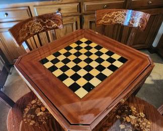 A. Cuomo & Co. Sorrento Wood Game Table with Floral Motive Inlay (complete with four matching chairs, purchased in Italy)
