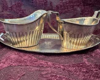 Sterling silver sugar creamer, and tray set.