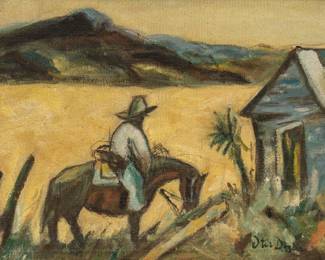 Otis Dozier, cowboy and horse resting in the desert, oil on masonite