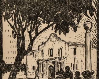 Mary Anita Bonner, postcard of The Alamo, 1928, woodblock