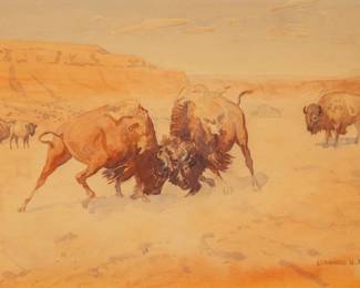 Leonard Howard Reedy, scene of clashing bison, watercolor on paper