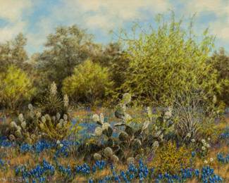 Helen Hunter (Texas, 1920-2003), bluebonnets and cactus, 1981, oil on masonite