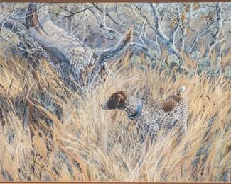Herb Booth, hunting German shorthaired pointer in underbrush, gouache