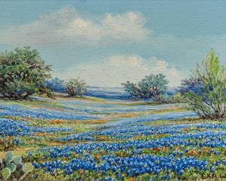 Exa Wall (Washington / San Antonio, Texas 1898-1998), bluebonnet landscape with cactus, oil on canvas