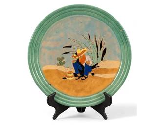 San Jose Pottery charger dir. Ethel Wilson Harris, San Antonio, Texas, man reclining against agave plant, glazed ceram