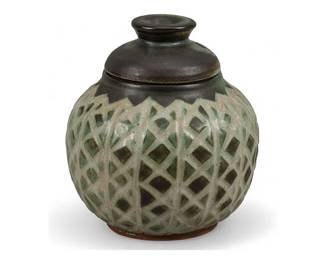 Harding Black, Green Incised Lidded Jar, 1957, glazed ceramic