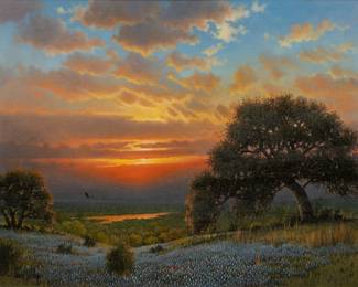 Larry Prellop, Hill Country bluebonnet sunset with eagle, oil on canvas