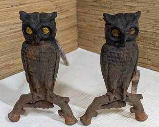 Cast Iron Owl Andirons - 1930's