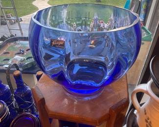 large cobalt signed art glass bowl 
