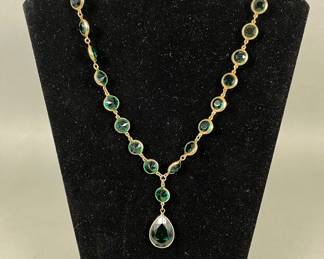 Green Glass Gold Tone Drop Pendant Necklace