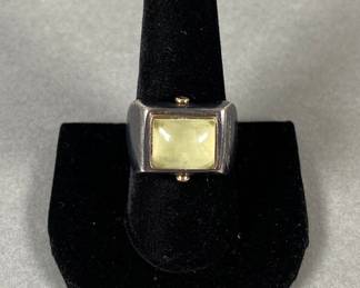 Artisan Made Geometric Silver Tone Ring With Green Stone