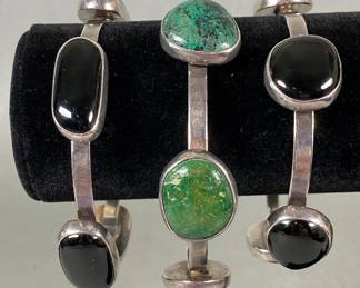 Three Cassandra Sterling Silver With Black And Green Stone Bracelets