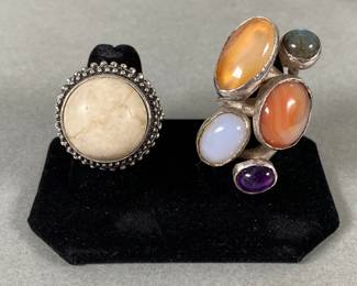 Two Fashion Silver Tone Rings With Multi Colored Stones