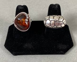 Two Sterling Silver Rings, One With Orange Stone