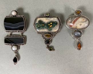 Three Sterling Silver With Multi Colored Stone Pendant Broaches