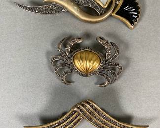 Crab, Seashell And Wave Shaped Sterling Silver Brooches (3)