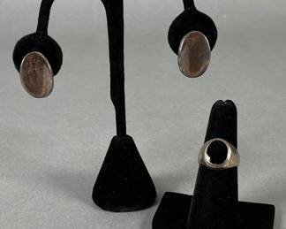 Sterling Silver Clip On Earrings And Ring With Black Stone