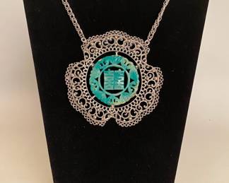 Vintage Silver Tone And Faux Jade Asian Motif Amulet Medallion Necklace