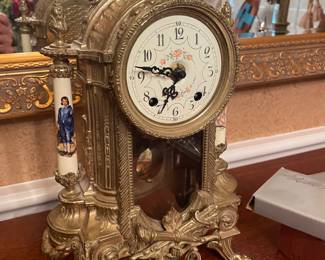 Vintage 1970's bronze porcelain mantel clock 
