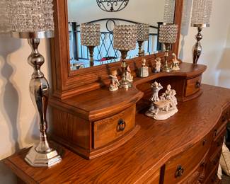OAK DRESSER (HAS MATCHING CHEST), COLLECTIBLE FIGURINES, DECOR