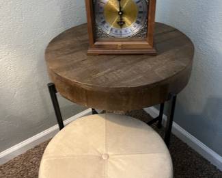 Mantle clock, contemporary accent table, storage footstool