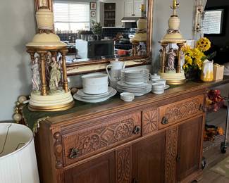 VINTAGE TABLE LAMPS, CHINA, WALL MIRROR, STUNNING BUFFET- BUFFET IS SOLD