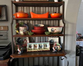 BAKERS RACK, DISHWARE, DECOR, VINTAGE LE CREUSET COOKWARE **BAKER'S RACK STILL AVAILABLE - MOST OF CONTENTS ARE SOLD - BOTTOM DISHES ARE STILL AVAILABLE**