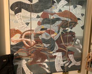 #101 4 Panel Hanging Screen of 2 women on Horses - Panel 65Wx6' Tall $75.00