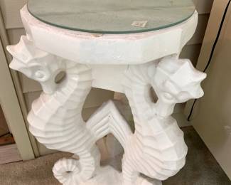 #28 Plaster End Table w/3 seahorses w/glass top - 16x30 $45.00