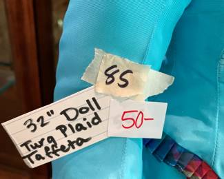 #86 Turquoise Plaid Taffeta Dress on a 32" Doll $50.00