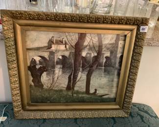 #97 Bridge w/water & Cabin framed in Wood - 22x19 $40.00