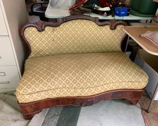 #113 love seat with wood base and top In a gold fabric 48 with 44x24x31 $125.00