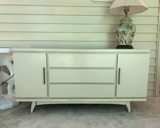 #27 Mid-Century Wood White Painted Buffet/Cabinet w/silverware Drawer - w/1 shelf - 60x19x30 $275.00