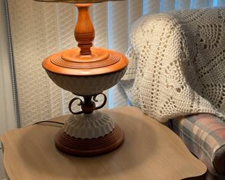 MCM milk glass and wood lamp