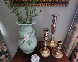 Baldwin Brass Candlesticks and Webber Pottery Vase with Floral Details