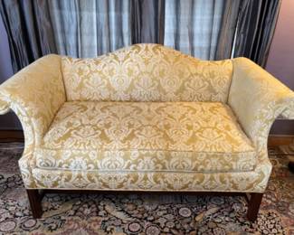 8 GoldenDamaskRolledArmCamelBackSettee