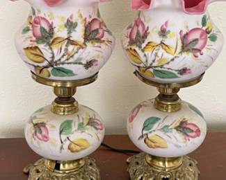 80 FentonforLGWrightMossRosePeachLampPair