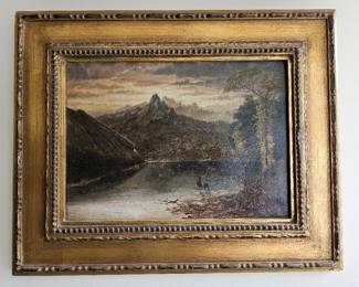 11 SmallAntiqueOilPaintingOfMountainLakeSceneDickson
