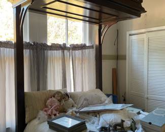 Antique bed; dolls; framed art; sea shells; chenille bed spread
