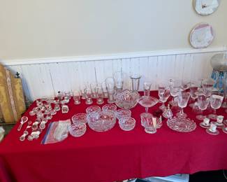 Waterford, Duncan and Miller baskets, Fostoria, New Martinsville Glass Co., ice cream cone holders