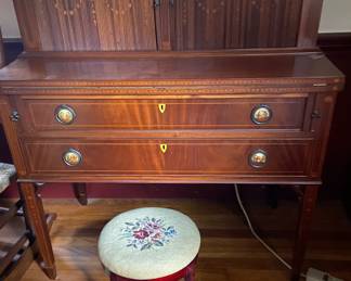 Wonderfully inlaid, porcelain handled tambour desk