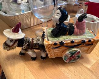 vintage ceramic covered box/trinket dish wih donkey pulling a wagon