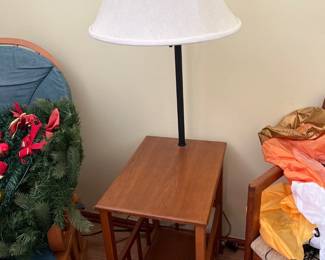 Walnut Side Table with attached Lamp 