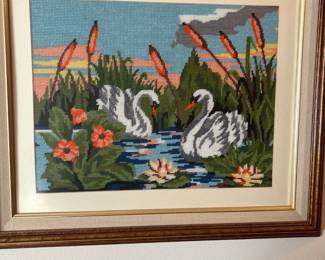 Swans Needlepoint Framed Art 