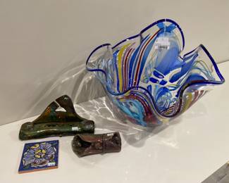 Boho signed art glass wave bowl