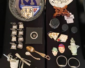 Brooches, Silverware, Speidel Watch, Japanese Carved Shell & Stand