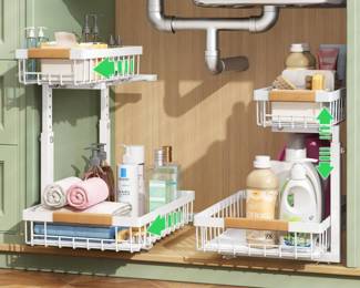 Under Sink Organizer, 2 Packs 2 Tier Under Sink Organizers and Storage, (White)