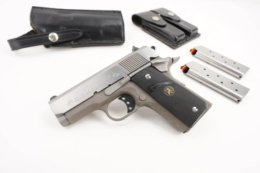 Make: Colt
Model: Defender LightWeight
Caliber: .45 AUTO
Action: Semi
Barrel: 4.5
Bore: Shiny
Serial # DR22202
Condition: Very Good
The Colt Defender pistol is a carry-ready 1911 in a compact size. The Lightweight Aluminum Frame is finished in a Matte Stainless Steel finish, topped with a Forged Stainless Steel slide for a pistol that looks as good as it conceals.. This pistol has a manufactured date of 2001. This pistol is chambered in 45 AUTO and features a 4.5” barrel.This Pistol is sold with 3 Colt mags, Holster and mag holster. This pistol is in Very Good condition showing normal signs of use and wear.