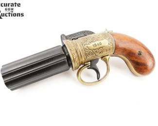 Make: London
Model: 1840 Pepperbox
Caliber: REPLICA
The Brass Finish British 1840 Pepper-Box Revolver is a beautifully detailed firearm replica inspired by the pepper-box revolver developed in London and popular in North America from 1830 and up until the time of the Civil War. The replicas receiver features a simulated brass tone with ornate engravings stamped with LONDON on one side and 1840 on the reverse. The six barrels display a dark metallic finish, and the handle is wood. A stunning addition to any replica collection, this safe display piece features working action but cannot be made to fire ammunition. 